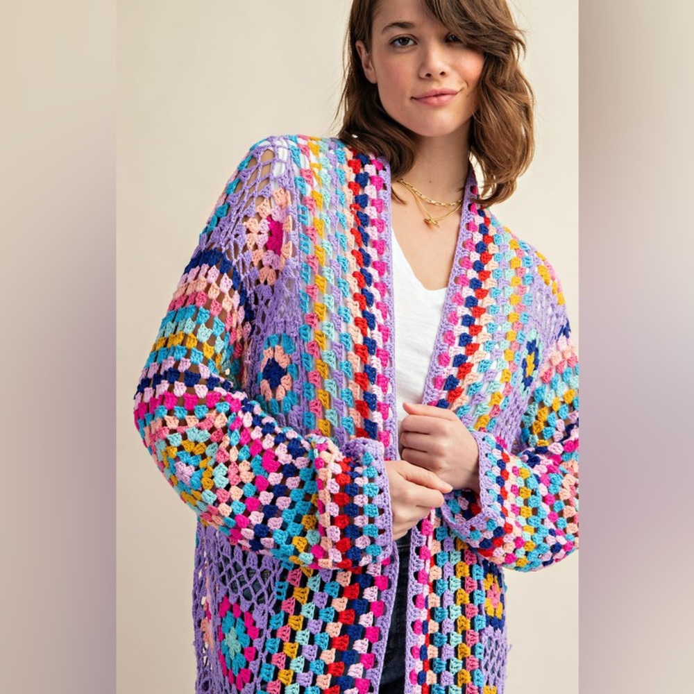 *24 HOUR SALE*Destination Secured Lavender Granny Crochet Fringe Cardigan Duster - Picture 7 of 7